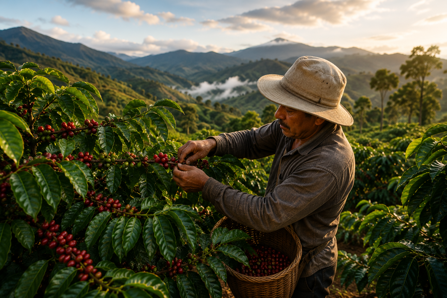 Agricultor cosechando café