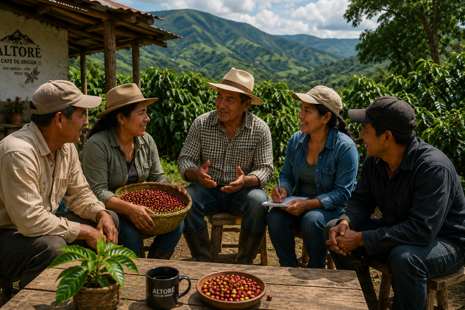 Productores aliados de Altoré reunidos en una finca cafetalera