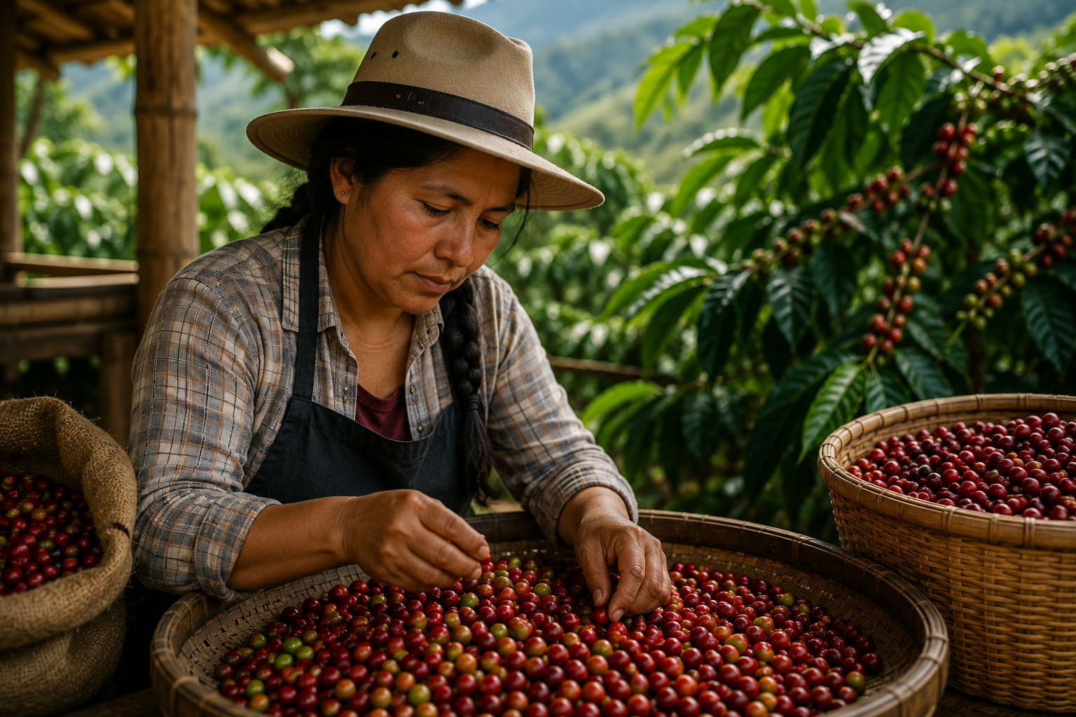 Productora seleccionando cerezas de café